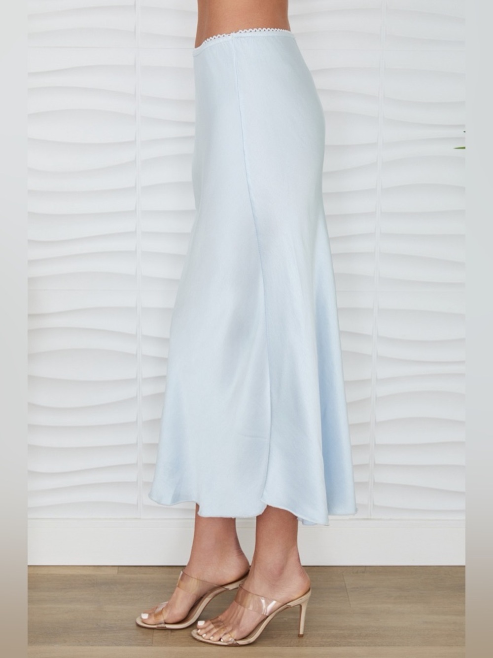 (9298/235110-SKY) SOLID ELASTIC LACE TRIM WAIST SILKY VISCOSE MAXI SKIRT - Picture 2 of 4